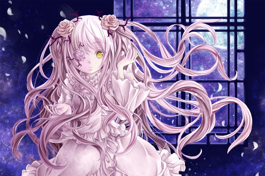 1girl dress eyepatch flower frills hair_flower hair_ornament image kirakishou long_hair petals pink_hair pink_rose rose solo two_side_up very_long_hair white_rose yellow_eyes