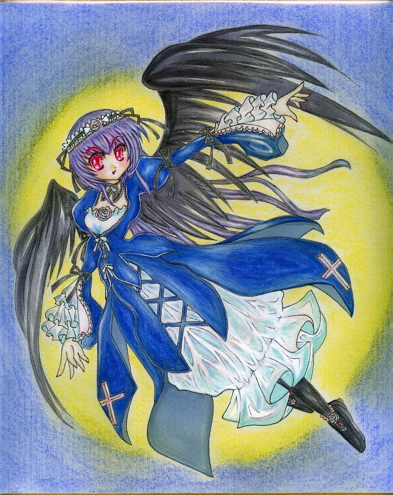 1girl choker dress frills image long_hair long_sleeves purple_hair red_eyes solo suigintou traditional_media wings