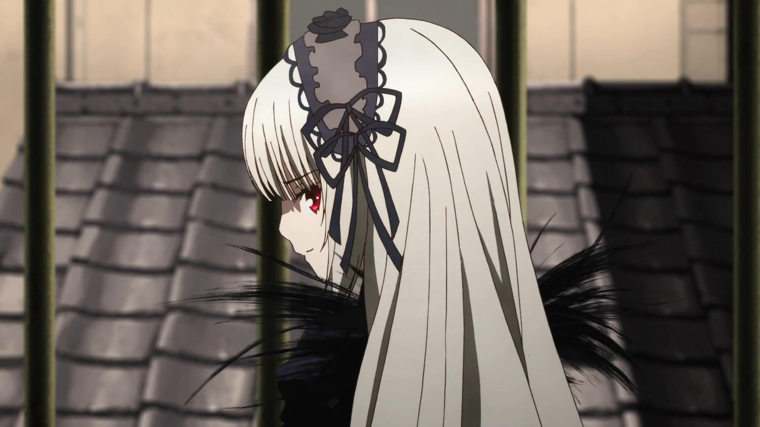 1girl bangs black_ribbon black_wings blurry blurry_background blurry_foreground closed_mouth depth_of_field dress eyebrows_visible_through_hair frills hairband image long_hair red_eyes silver_hair solo suigintou very_long_hair wings