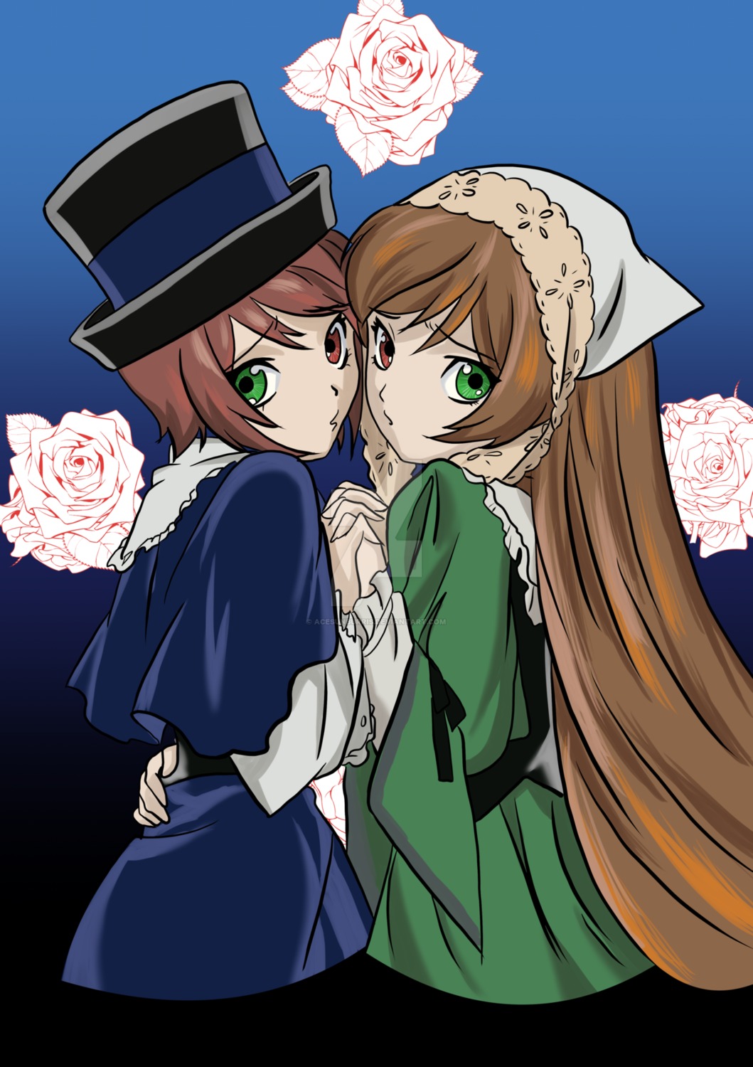 2girls brown_hair dress flower green_dress green_eyes hat hat_flower heterochromia holding_hands image incest long_hair long_sleeves looking_at_viewer multiple_girls pair pink_flower pink_rose red_eyes rose short_hair siblings sisters souseiseki suiseiseki top_hat twins white_flower white_rose yellow_rose