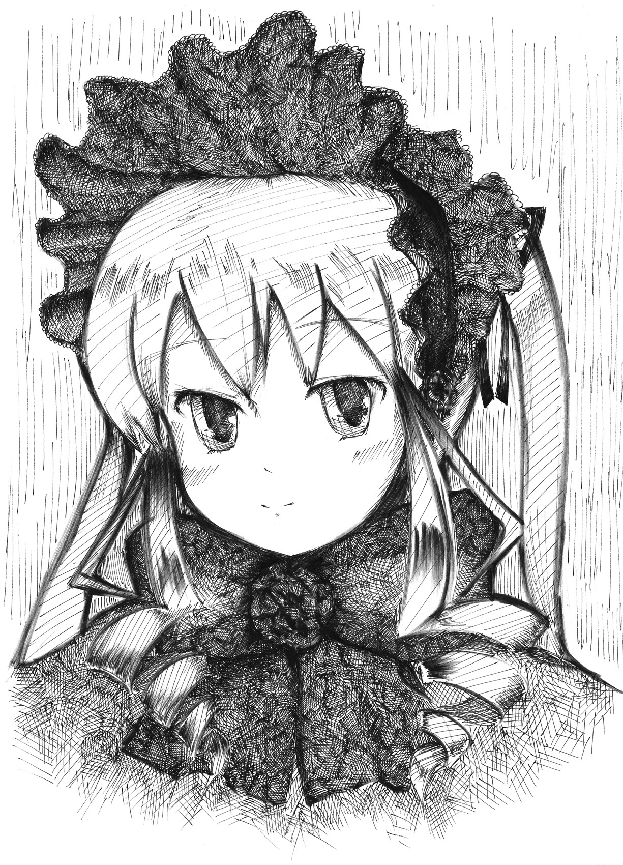 1girl blush closed_mouth greyscale image looking_at_viewer monochrome shinku smile solo traditional_media twintails white_background