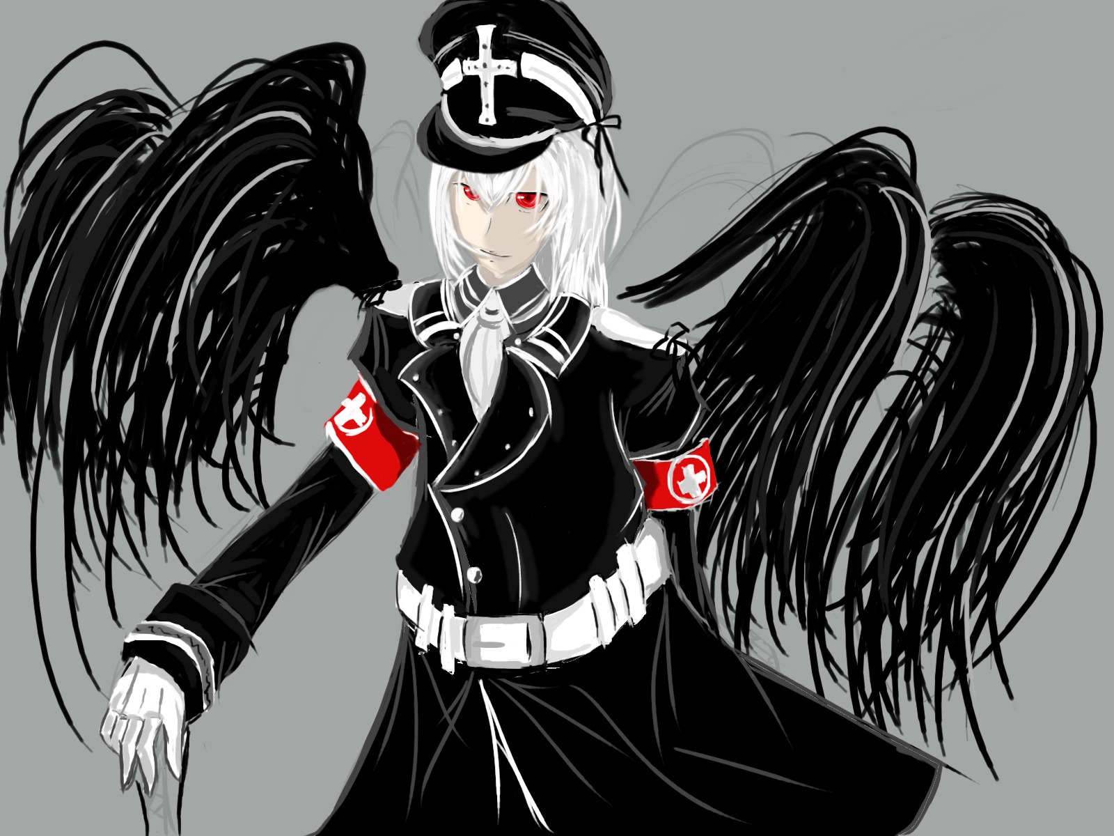 1girl armband belt black_wings grey_background hat image long_hair military military_uniform ponytail red_eyes simple_background solo spot_color suigintou uniform wings