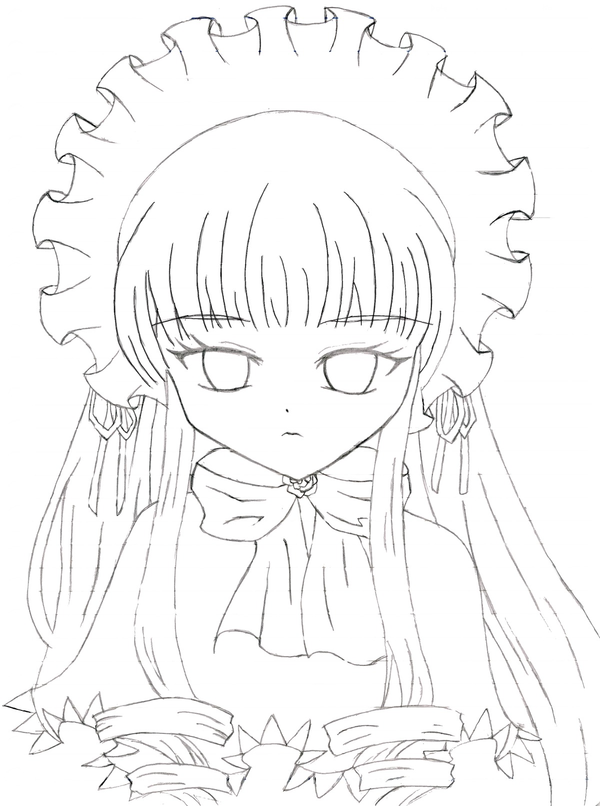 1girl bangs dress drill_hair frills greyscale image long_hair looking_at_viewer monochrome shinku simple_background solo striped very_long_hair white_background