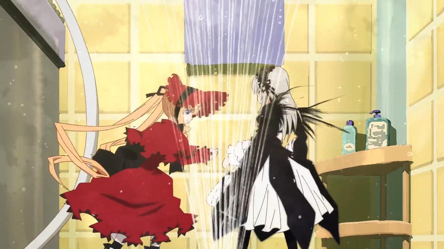 1boy 1girl black_hair curtains dress image indoors long_hair pair shinku standing suigintou very_long_hair