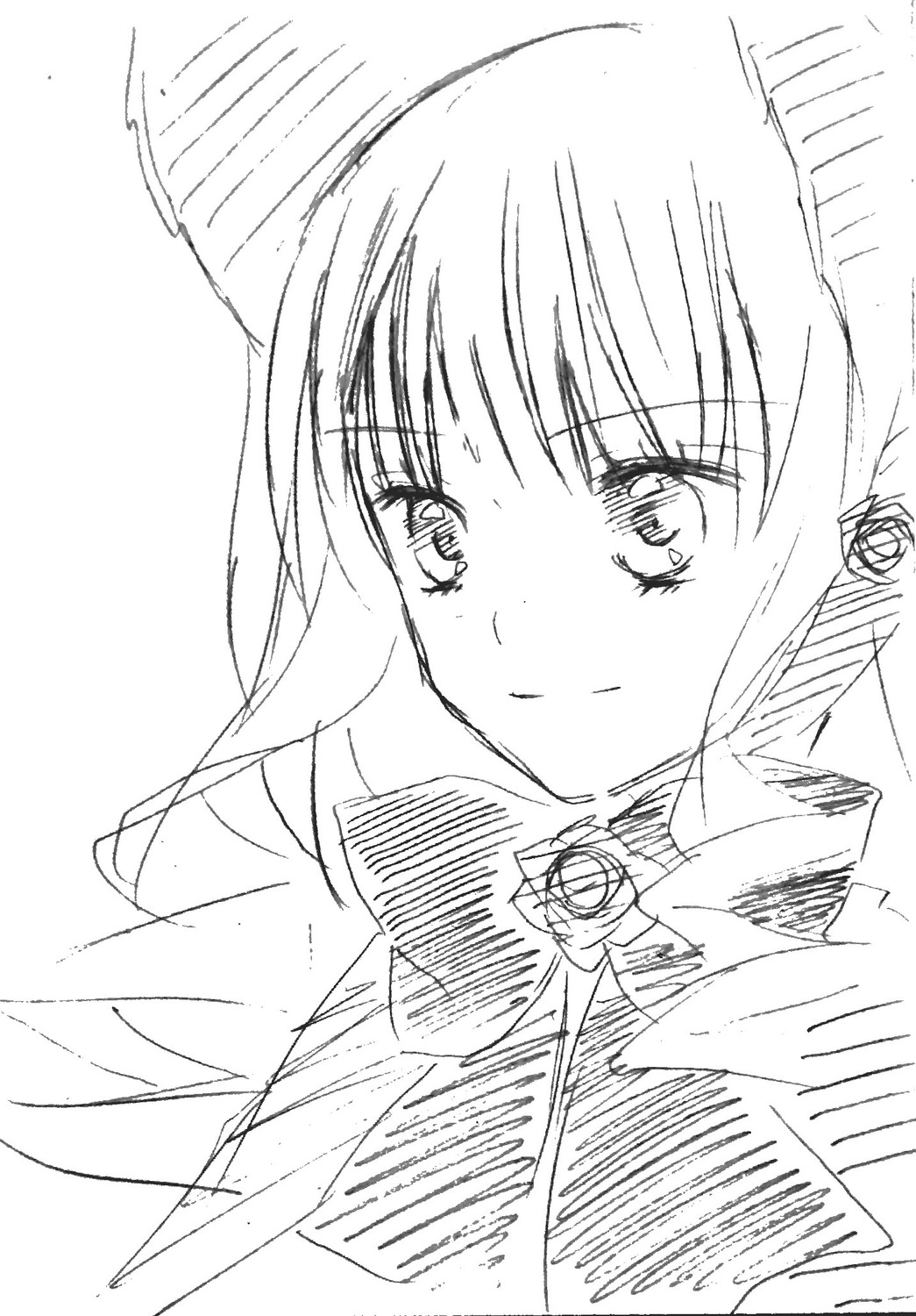 1girl bangs blush closed_mouth eyebrows_visible_through_hair flower greyscale image long_hair looking_at_viewer monochrome rose shinku simple_background sketch solo white_background