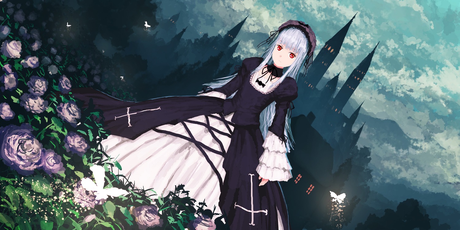 1girl bird black_dress black_ribbon bug butterfly castle commentary_request dress field flower flower_field frills gothic_lolita hairband highres holding image insect jean_popo lolita_fashion long_hair long_sleeves looking_at_viewer photoshop_(medium) pink_flower pink_rose purple_flower purple_rose red_eyes rose rozen_maiden silver_hair solo standing suigintou white_flower white_rose wide_sleeves