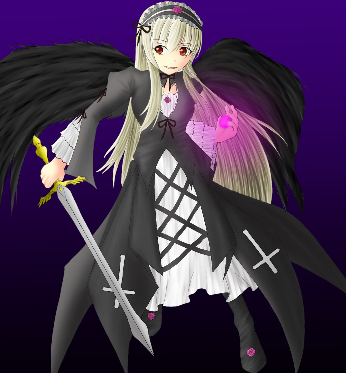 1girl black_dress black_wings dress flower frills full_body hairband holding holding_weapon image long_hair long_sleeves looking_at_viewer purple_background red_eyes ribbon rose simple_background smile solo standing suigintou sword very_long_hair weapon wings