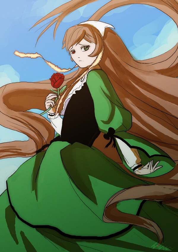 1girl brown_hair cloud dress flower green_dress green_eyes hairband image long_hair long_sleeves rose serious sky solo suiseiseki very_long_hair