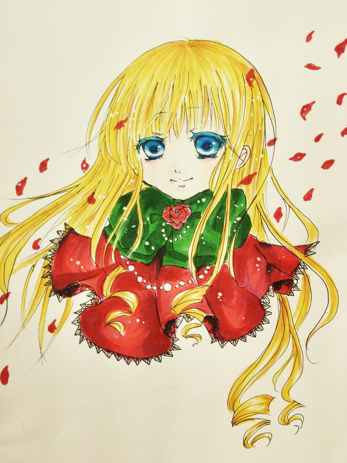 1girl blonde_hair blue_eyes capelet flower image long_hair looking_at_viewer petals red_capelet red_flower red_rose rose rose_petals shinku smile solo traditional_media upper_body