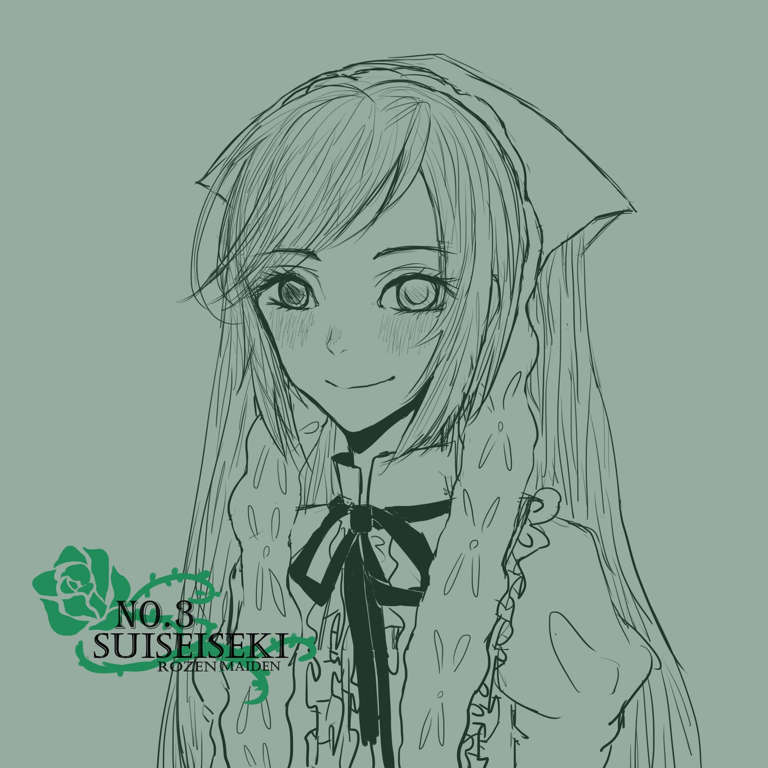 1girl blush closed_mouth eyebrows_visible_through_hair green_background image long_hair long_sleeves looking_at_viewer monochrome simple_background smile solo suiseiseki upper_body