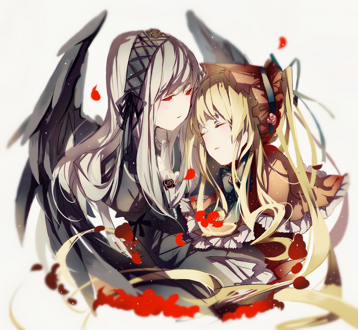 2girls black_dress black_wings blonde_hair blurry blurry_background blurry_foreground closed_eyes depth_of_field dress feathered_wings flower fruit hairband image long_hair long_sleeves multiple_girls pair petals red_eyes red_flower red_rose rose shinku suigintou very_long_hair white_hair wings yuri