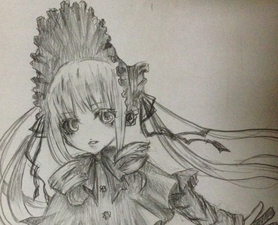 1girl dress drill_hair frills greyscale image long_hair long_sleeves looking_at_viewer monochrome shinku simple_background solo traditional_media twintails upper_body