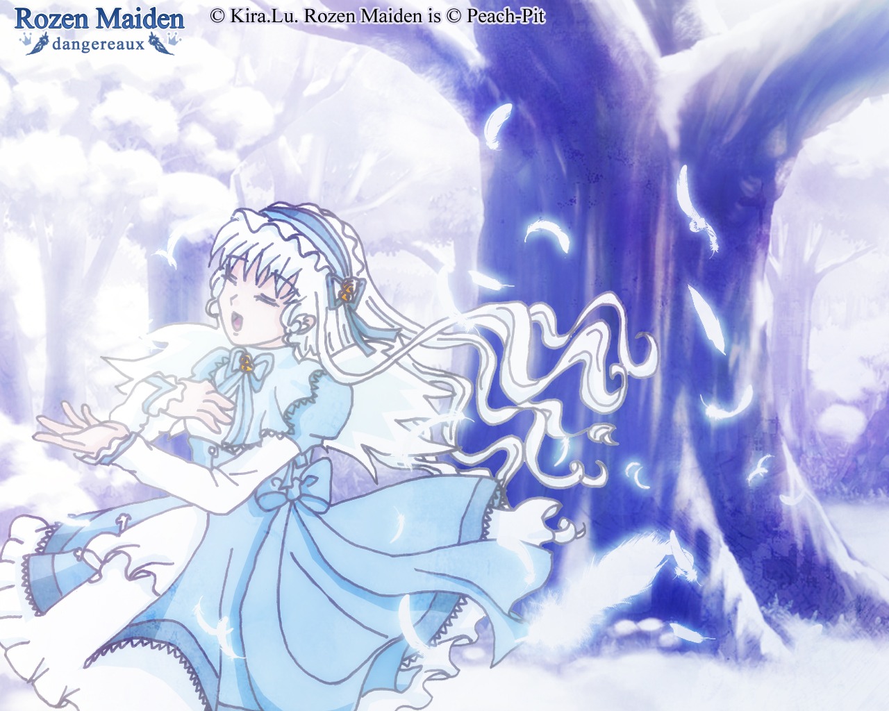 1girl bird blue_dress closed_eyes dress feathers frills hairband image juliet_sleeves long_hair long_sleeves open_mouth ribbon singing solo suigintou white_feathers white_wings wings