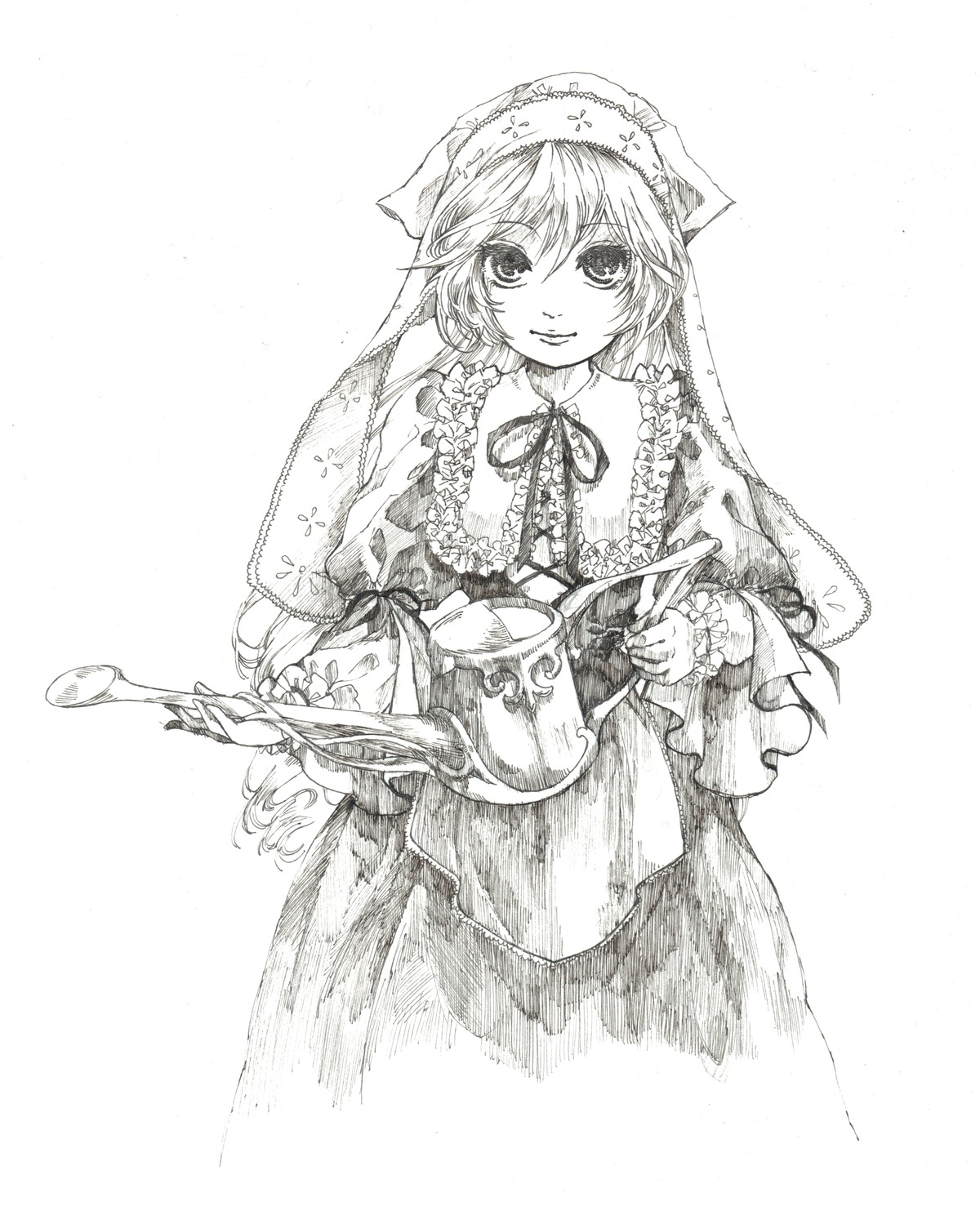 1girl greyscale holding image long_sleeves looking_at_viewer monochrome smile solo suiseiseki traditional_media