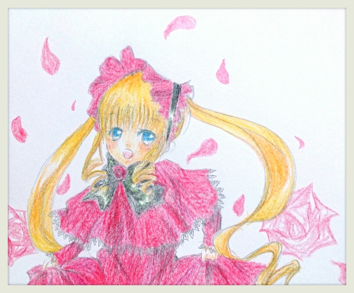 1girl :d blonde_hair blue_eyes blush bonnet bow bowtie dress drill_hair flower image long_hair long_sleeves looking_at_viewer open_mouth petals pink_flower pink_rose red_dress rose shinku simple_background smile solo striped traditional_media twin_drills twintails very_long_hair