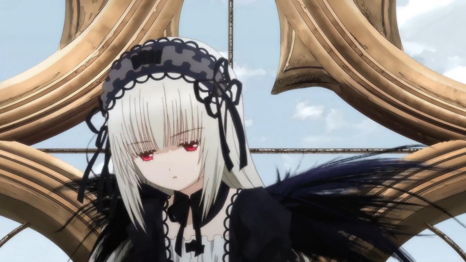 1girl bangs black_ribbon black_wings day detached_collar dress flower frills hairband image long_hair long_sleeves looking_at_viewer red_eyes ribbon rose silver_hair sky solo suigintou wings