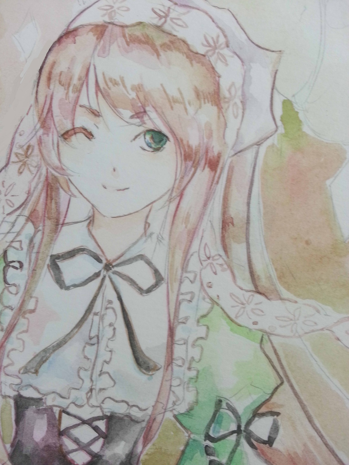 1girl dress frills green_eyes image long_hair one_eye_closed ribbon smile solo suiseiseki traditional_media upper_body