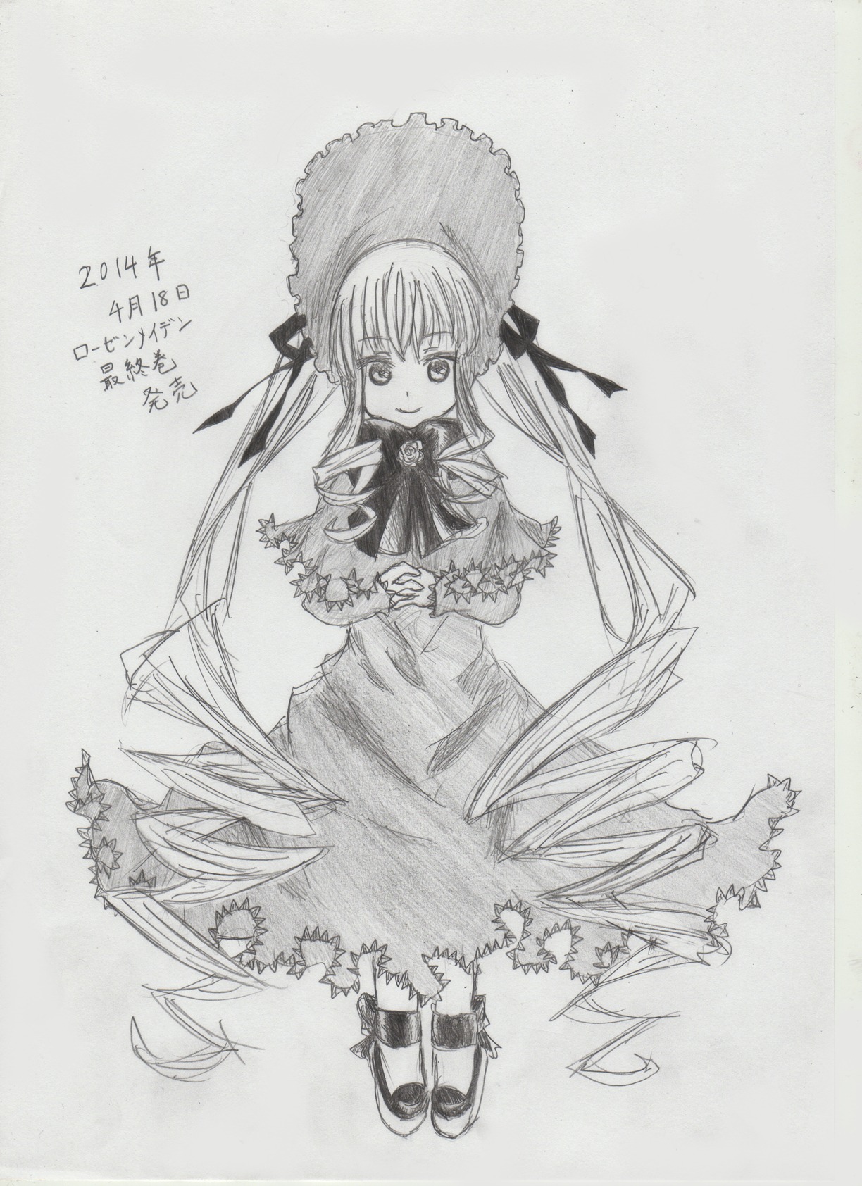 1girl bonnet bowtie capelet dress flower full_body greyscale image long_hair long_sleeves looking_at_viewer monochrome shinku shoes smile solo standing very_long_hair