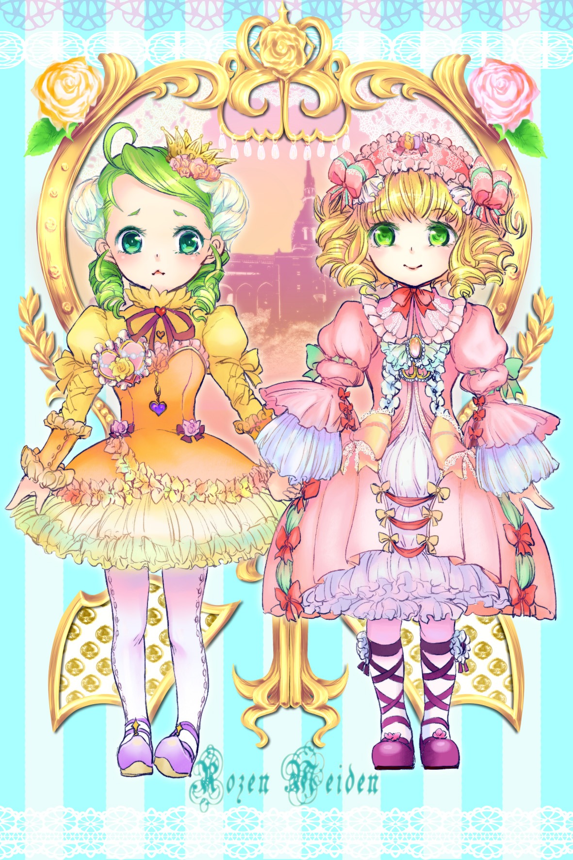 2girls blonde_hair bow dress drill_hair flower frills full_body green_eyes hair_ornament hat hinaichigo holding_hands image kanaria long_sleeves looking_at_viewer multiple_girls pair pantyhose pink_footwear ribbon shoes short_hair smile standing