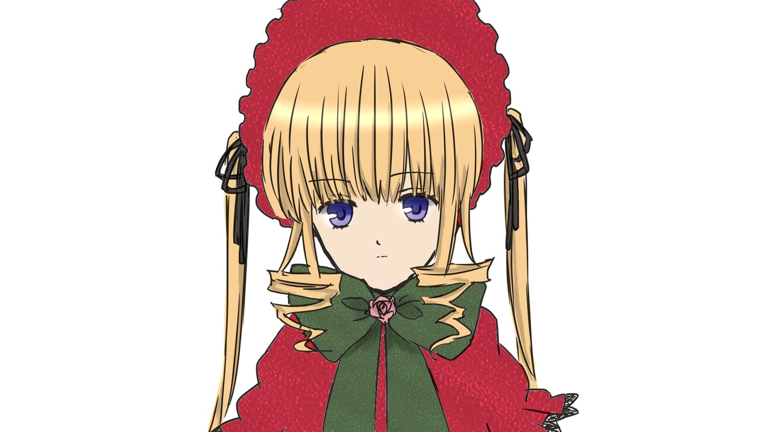 1girl bangs blonde_hair blue_eyes bonnet bow bowtie capelet dress flower green_bow image long_hair long_sleeves looking_at_viewer red_dress rose shinku simple_background solo white_background