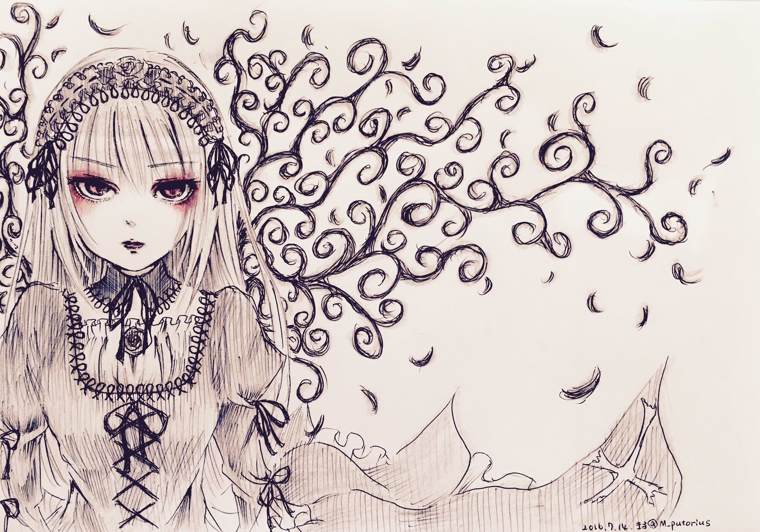 1girl bangs eyebrows_visible_through_hair feathers flower hairband image long_hair long_sleeves looking_at_viewer monochrome parted_lips puffy_sleeves ribbon rose solo suigintou traditional_media upper_body