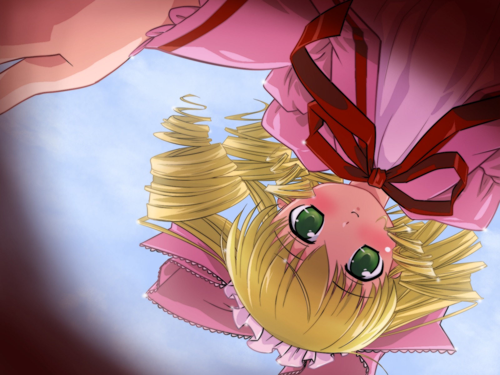 1girl blonde_hair blush bow commentary_request dress drill_hair farge frills green_eyes highres hina_ichigo hinaichigo image long_sleeves looking_at_viewer pink_bow pink_dress ribbon rozen_maiden short_hair smile solo