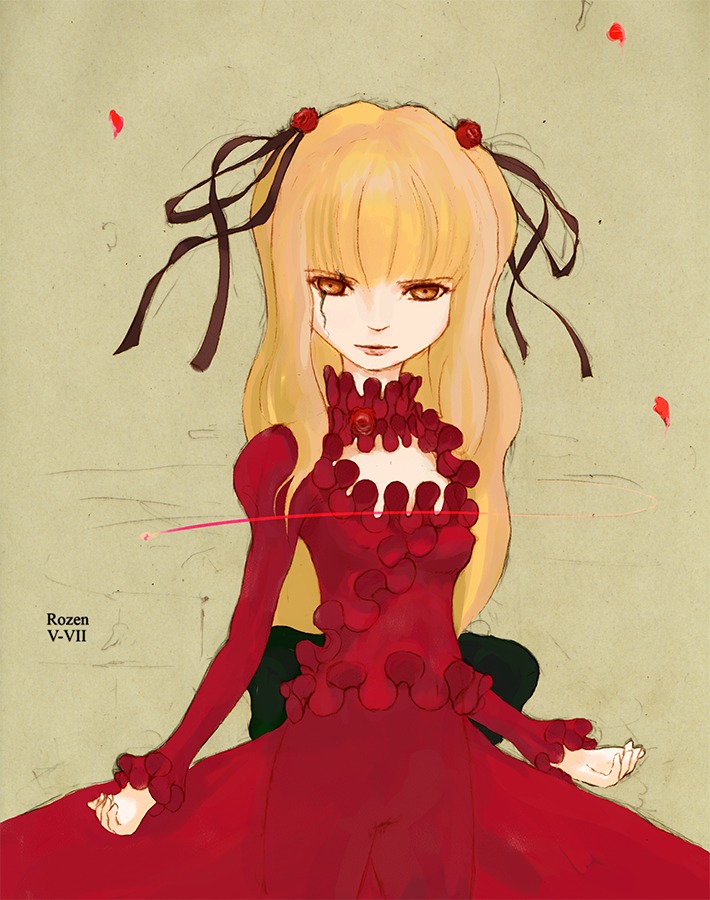 1girl blonde_hair costume_switch dress flower frills hair_ornament hair_ribbon image long_hair red_dress red_flower ribbon solo