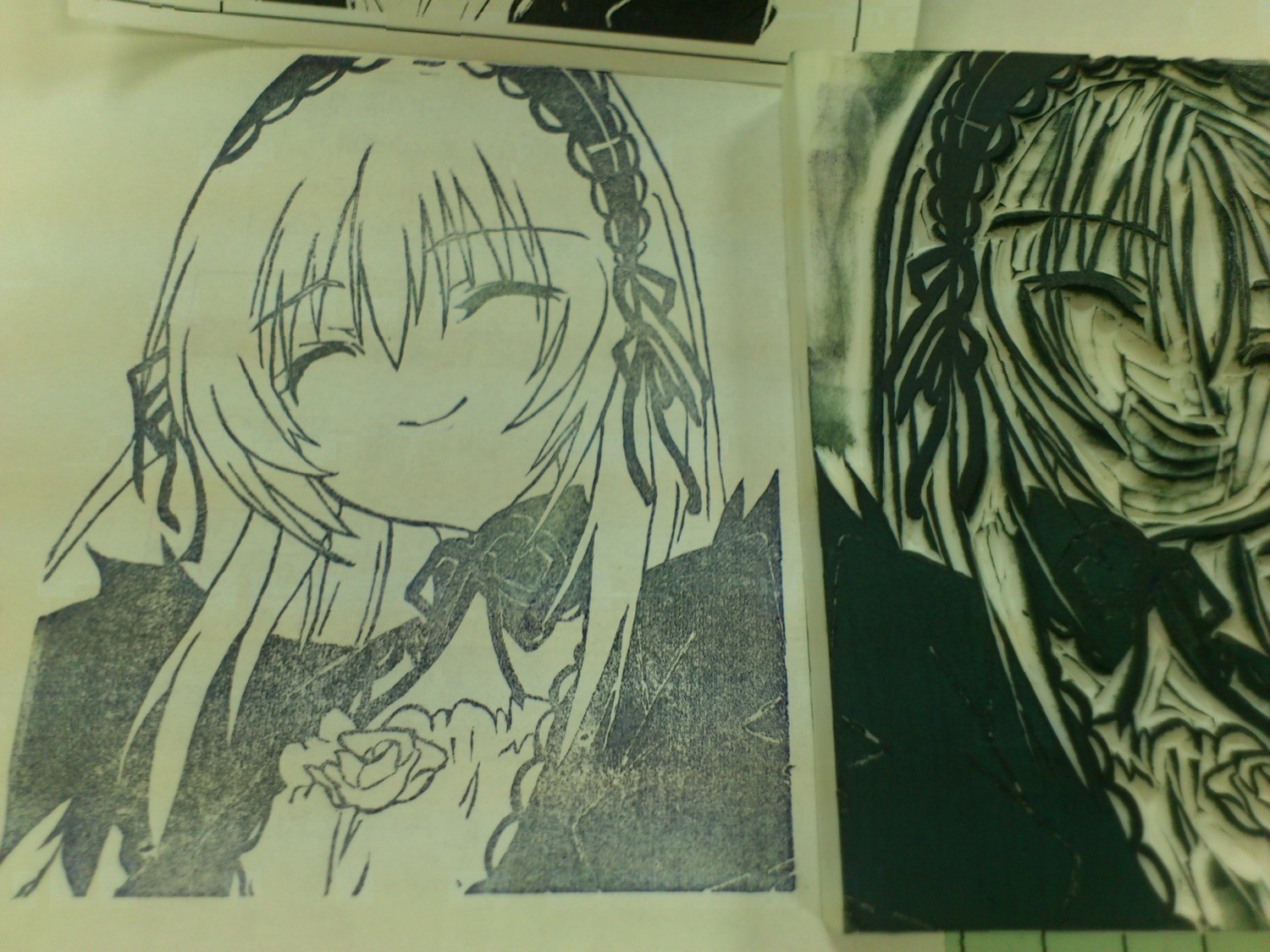 1girl bangs closed_eyes closed_mouth eyebrows_visible_through_hair facing_viewer flower hairband image long_hair long_sleeves monochrome ribbon rose smile solo suigintou traditional_media