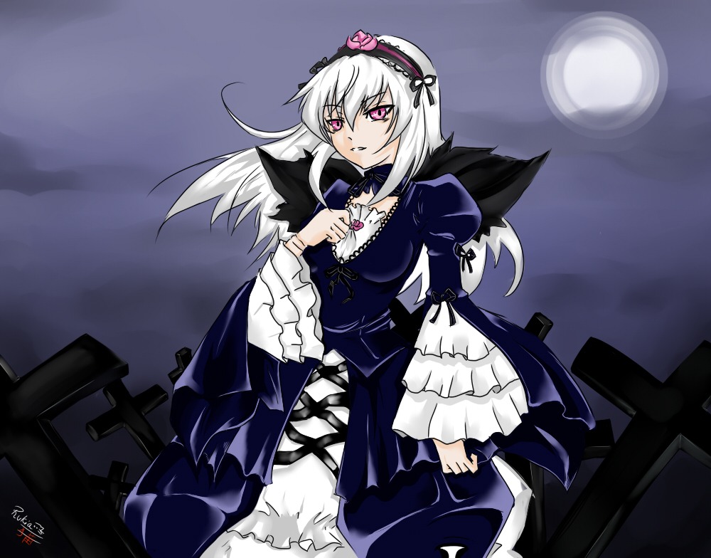 1girl black_wings detached_collar dress frilled_sleeves frills full_moon hairband image juliet_sleeves lolita_hairband long_hair long_sleeves looking_at_viewer moon night pink_eyes silver_hair solo standing suigintou wings