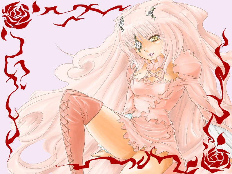 1girl auto_tagged boots dress flower frills image kirakishou long_hair pink_flower pink_hair pink_rose red_flower red_rose rose sitting solo thigh_boots thighhighs thorns vines white_rose yellow_eyes