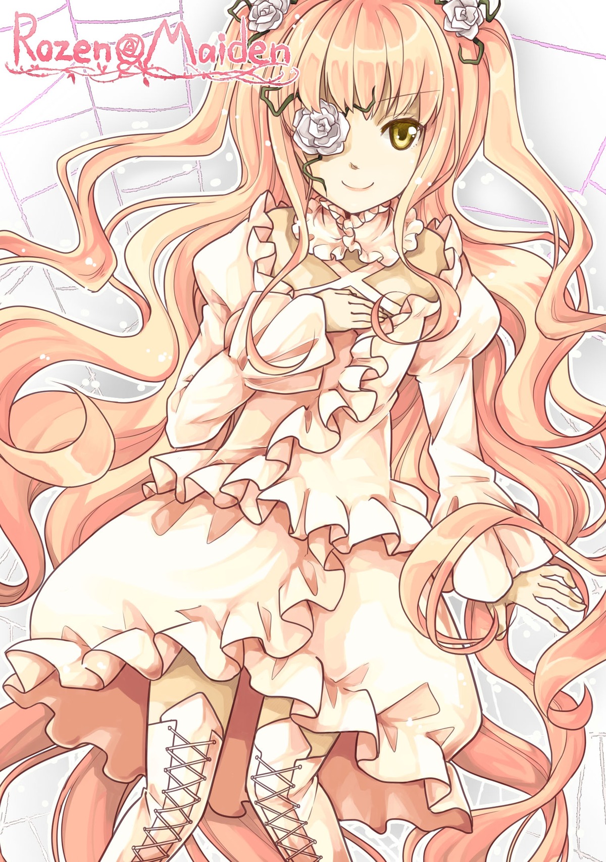 1girl blonde_hair boots cross-laced_footwear dress eyepatch flower frills hair_flower hair_ornament image kirakishou knee_boots long_hair long_sleeves pink_hair rose smile solo thorns very_long_hair white_flower white_rose yellow_eyes