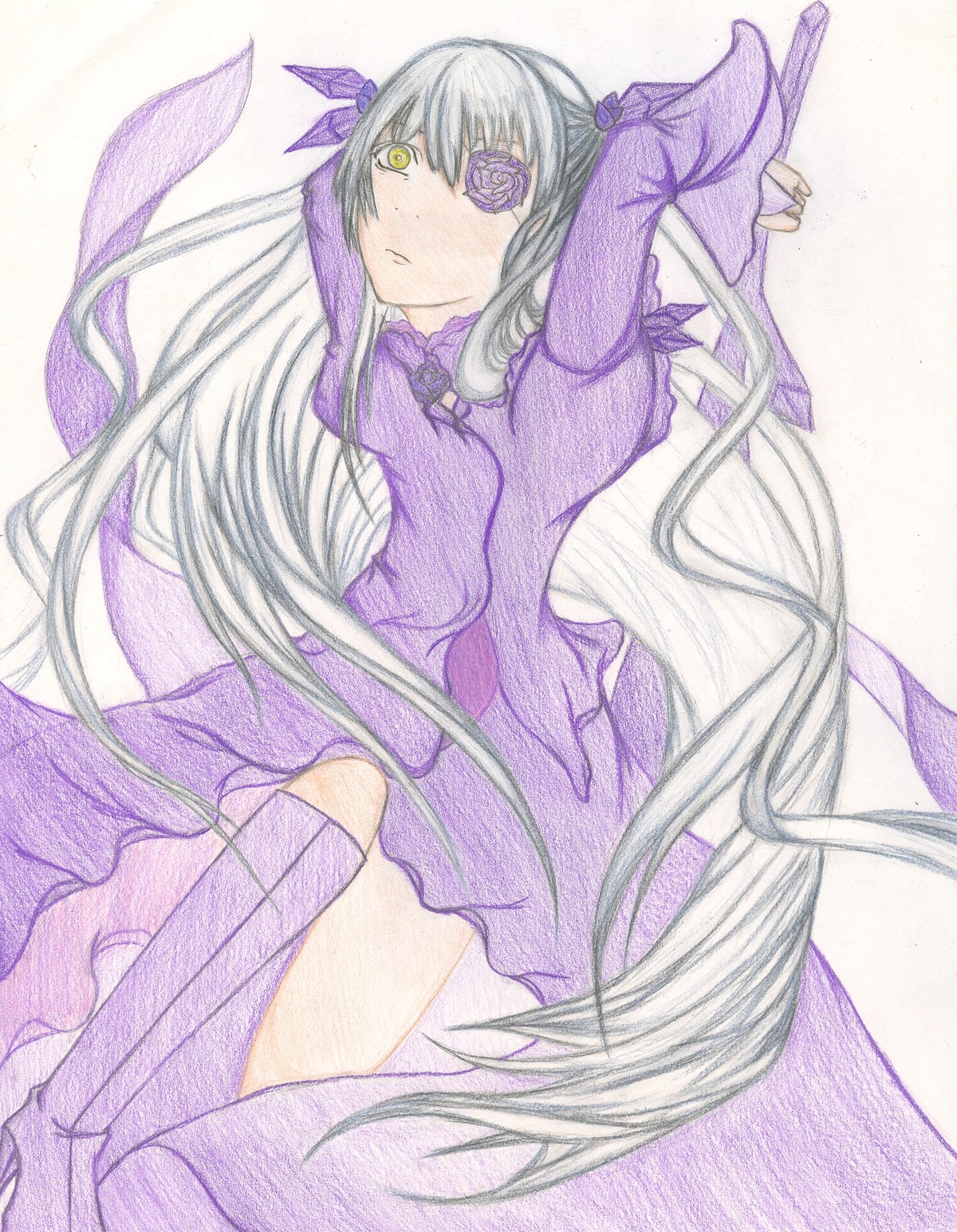 1girl barasuishou dress eyepatch image long_hair long_sleeves purple_dress purple_flower purple_legwear purple_rose solo suigintou thighhighs traditional_media very_long_hair watercolor_(medium) yellow_eyes