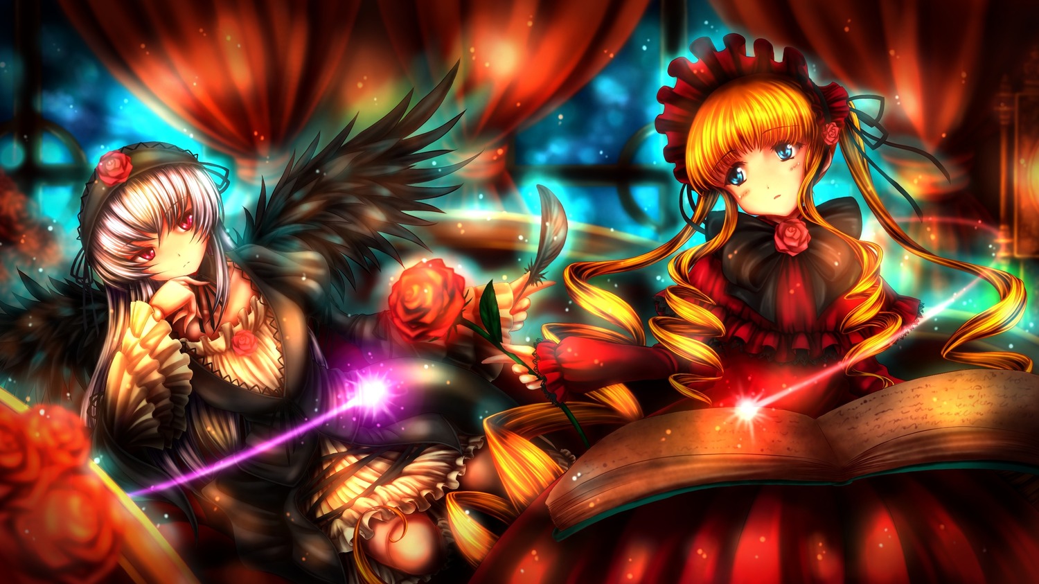 2girls black_wings blonde_hair blue_eyes bonnet book bow curtains dress drill_hair flower frills hairband image long_hair looking_at_viewer multiple_girls pair red_eyes red_flower red_rose rose shinku silver_hair suigintou twintails wings