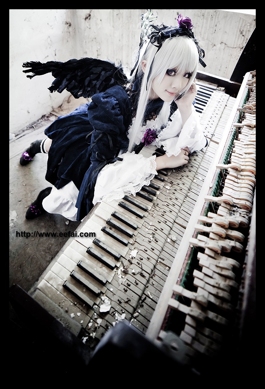 1girl black_wings dress feathers flower hair_ornament instrument letterboxed long_hair silver_hair solo suigintou wings