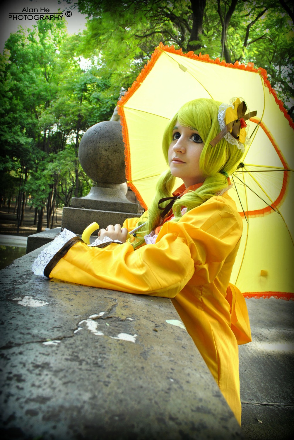 1girl blonde_hair braid flower hair_flower hair_ornament holding_umbrella kanaria parasol rain red_umbrella solo transparent_umbrella twin_braids umbrella