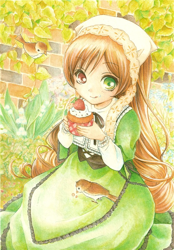 1girl :q animal auto_tagged bird brown_hair chick colored_pencil_(medium) commentary_request cupcake dress eating flower food food_on_face fruit green_dress green_eyes head_scarf heterochromia holding image kokkoro_(nullcan) long_hair long_sleeves red_eyes rozen_maiden sitting solo strawberry suiseiseki tongue tongue_out traditional_media very_long_hair