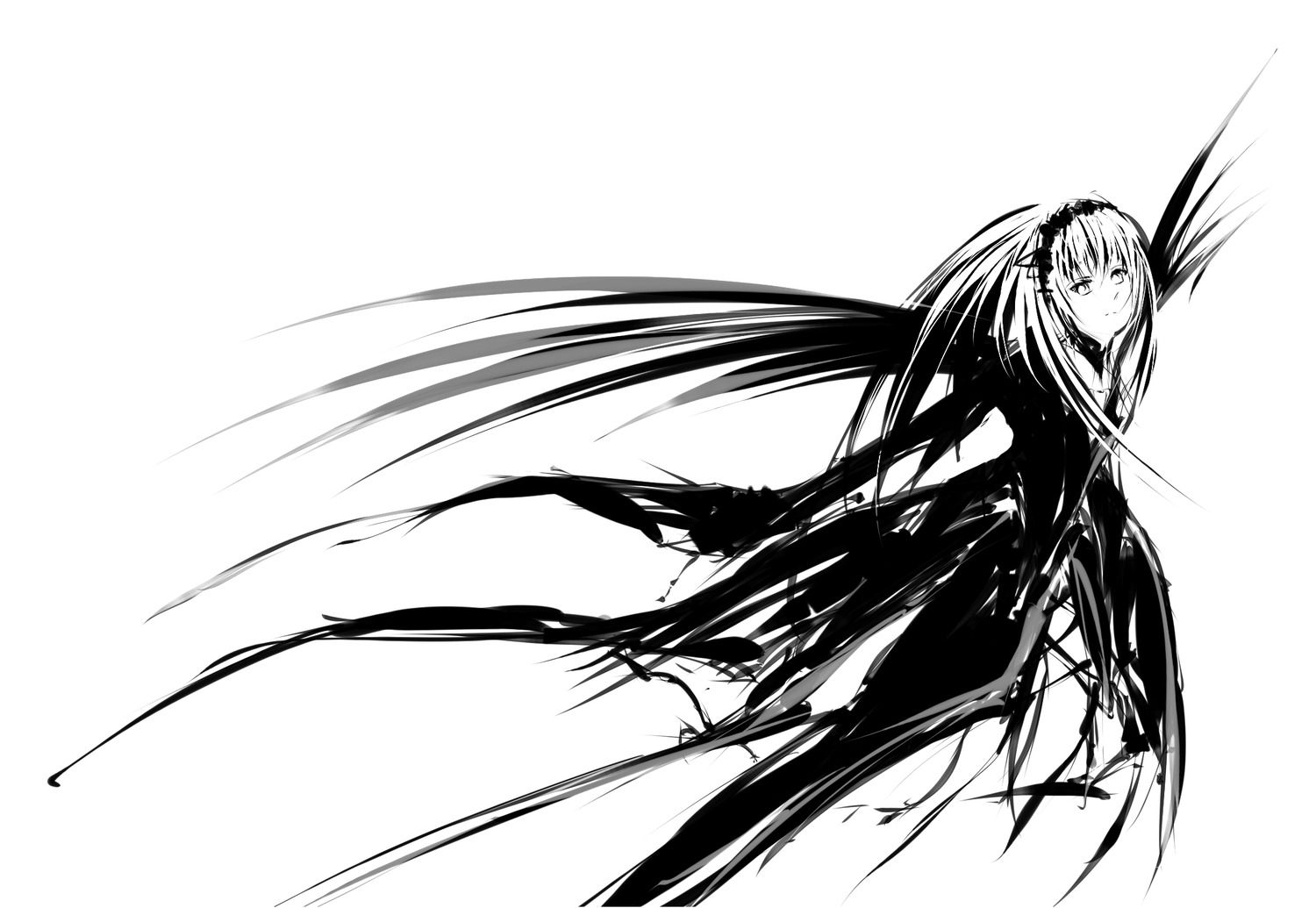 1girl auto_tagged dress greyscale hairband image lolita_hairband long_hair looking_at_viewer monochrome possible_duplicate simple_background solo standing suigintou very_long_hair white_background wings