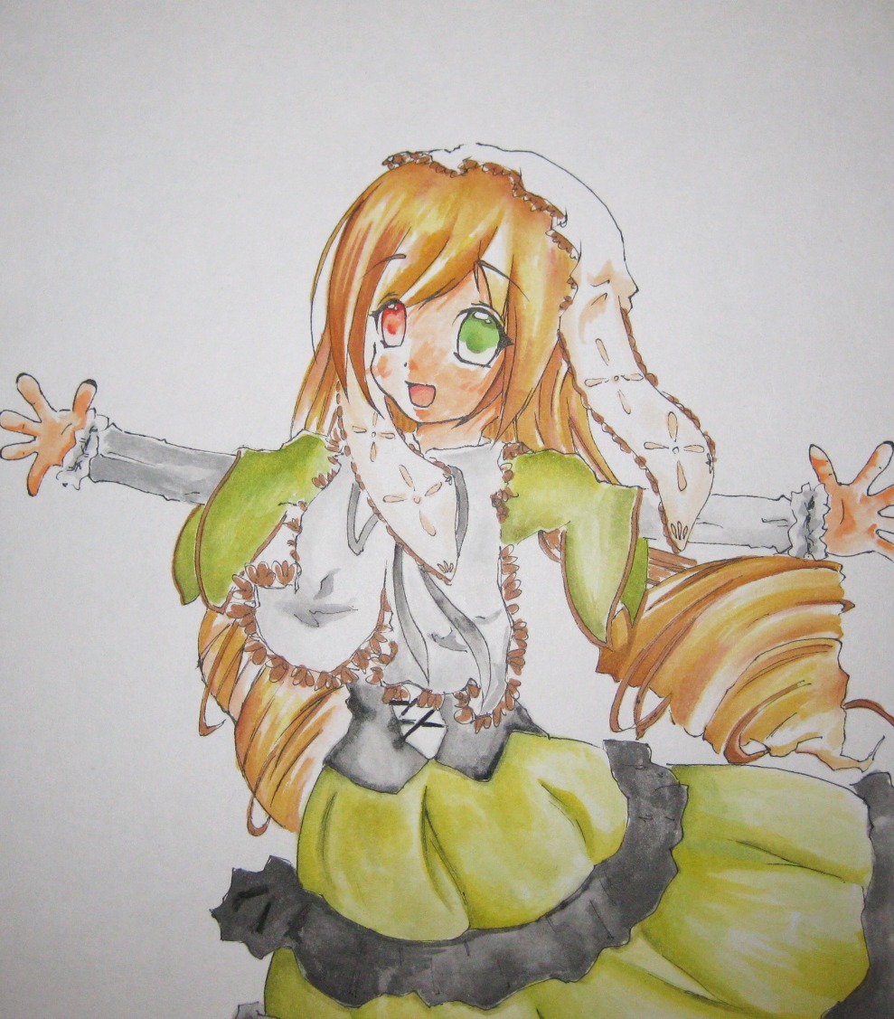 1girl :d blonde_hair dress drill_hair frills green_dress green_eyes heterochromia image long_hair long_sleeves looking_at_viewer open_mouth outstretched_hand pantyhose red_eyes simple_background smile solo suiseiseki traditional_media twin_drills very_long_hair