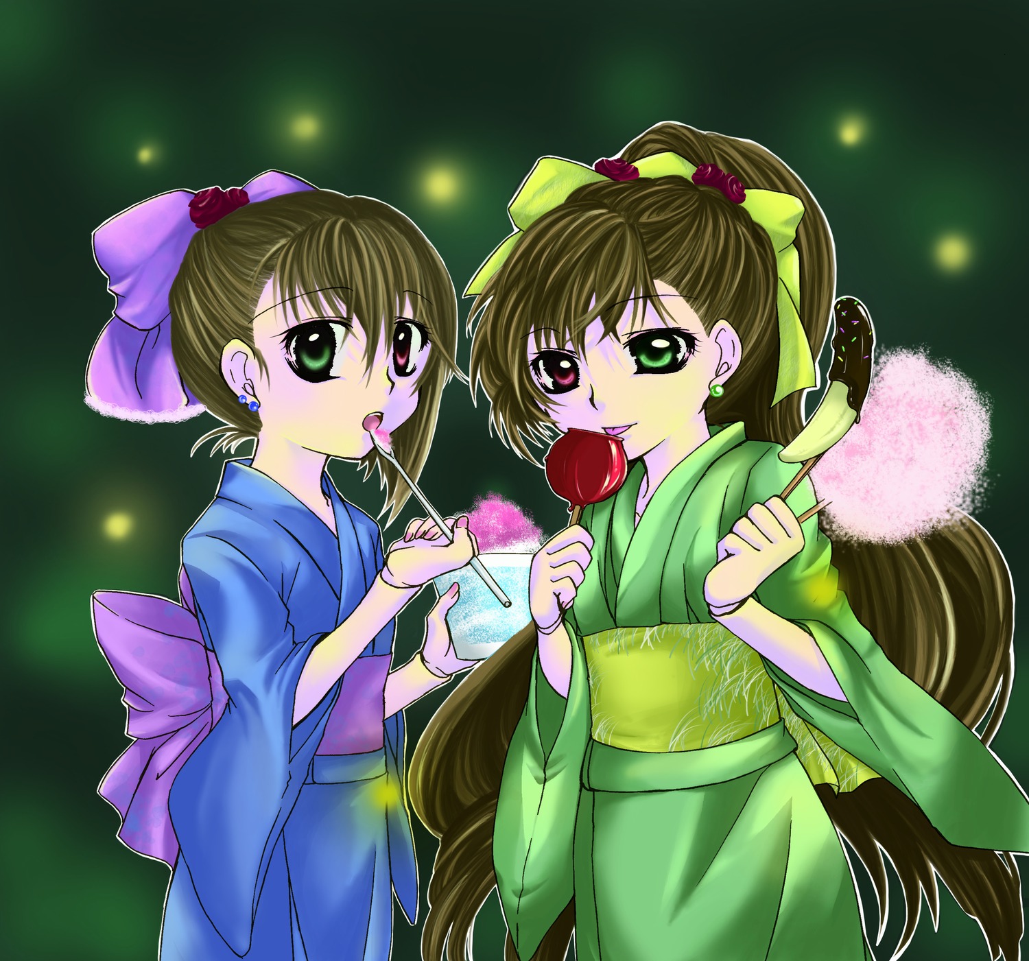 2girls :p bow brown_hair candy_apple earrings food green_eyes heterochromia image japanese_clothes jewelry kimono licking long_hair multiple_girls pair pink_bow ponytail red_eyes souseiseki suiseiseki tongue tongue_out twins