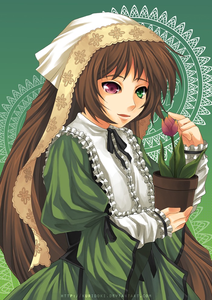 1girl auto_tagged brown_hair dress frills green_dress green_eyes heterochromia holding image long_hair long_sleeves looking_at_viewer red_eyes smile solo suiseiseki very_long_hair watering_can