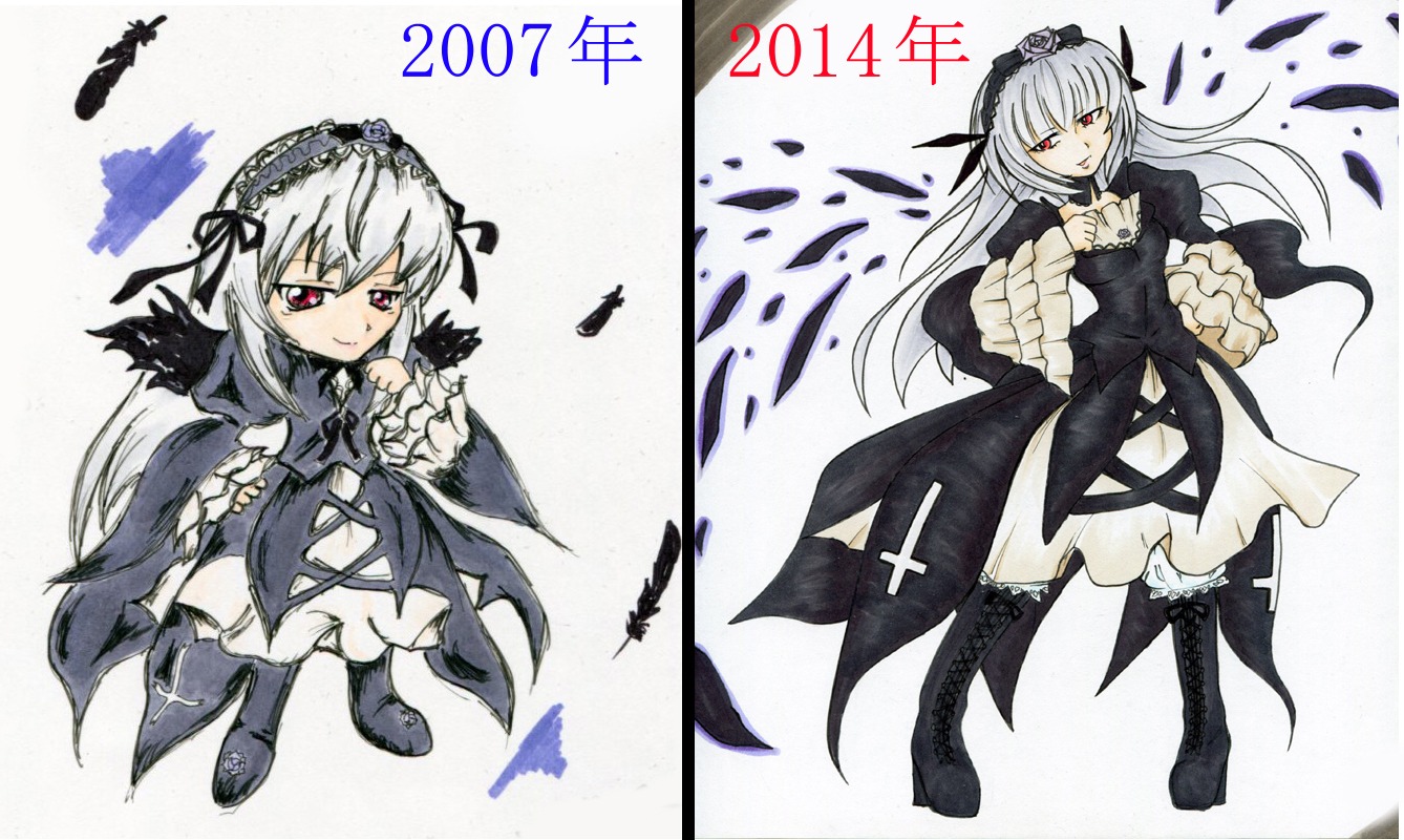 1girl boots dress flower frills hairband image long_hair long_sleeves looking_at_viewer multiple_views red_eyes rose silver_hair solo suigintou wings
