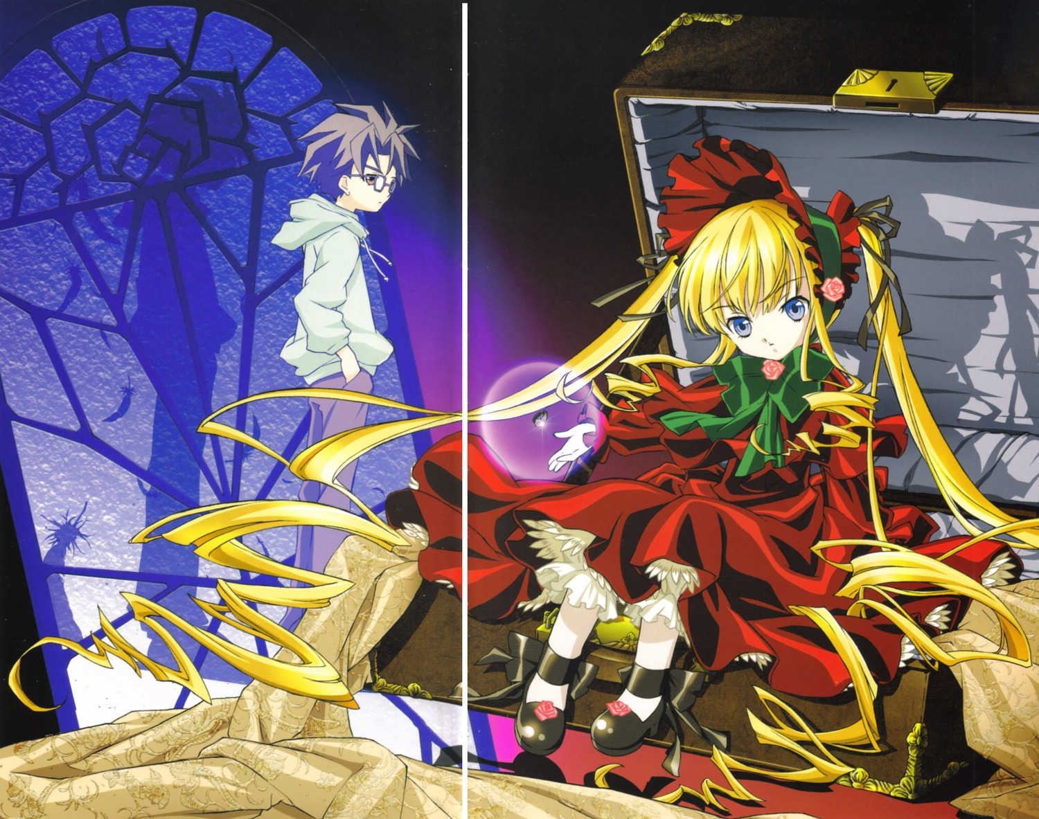 1boy 1girl black_footwear blonde_hair blue_eyes bonnet bow bowtie dress green_bow hood image long_hair long_sleeves looking_at_viewer pants red_dress shinku shoes sidelocks sitting solo twintails very_long_hair