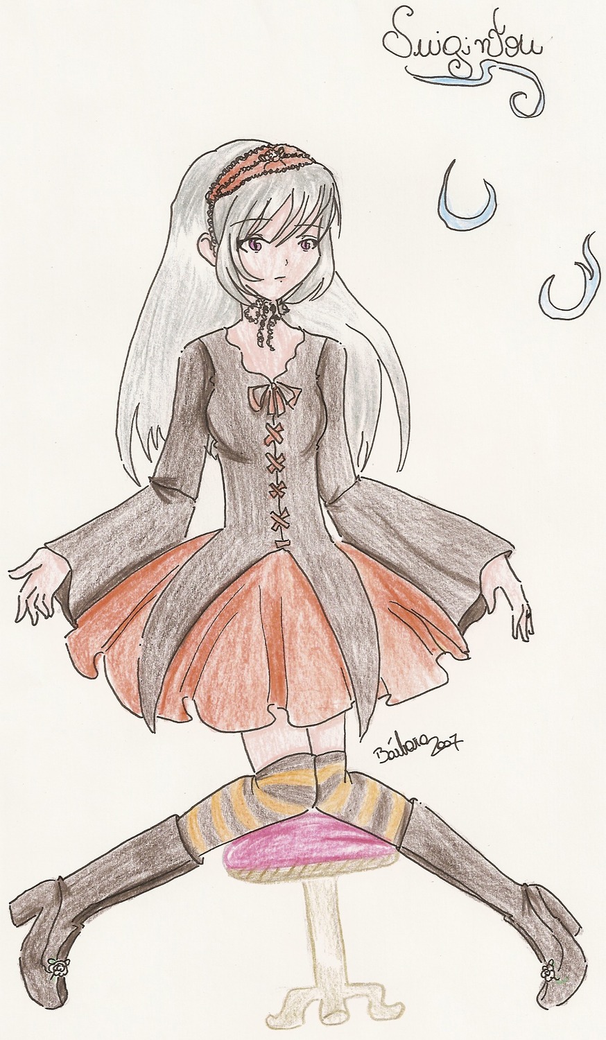 1girl artist_name black_footwear blush boots choker dress full_body hairband high_heel_boots high_heels image knee_boots long_hair long_sleeves neck_ribbon puffy_sleeves signature solo striped striped_legwear suigintou traditional_media