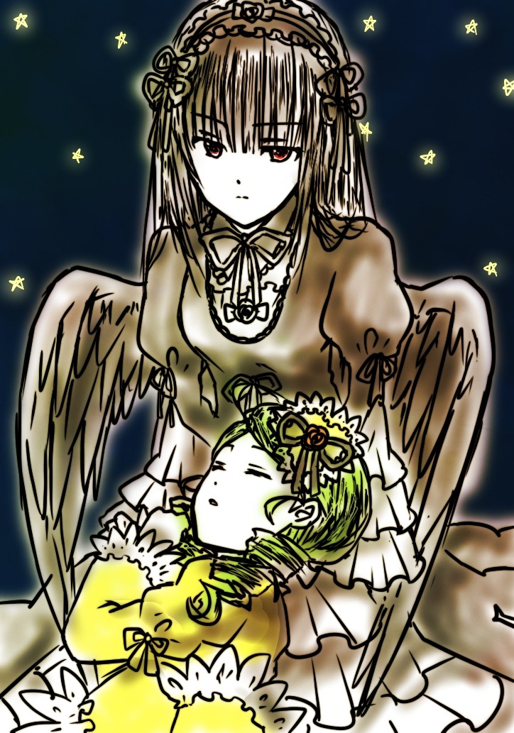 2girls angel_wings black_wings closed_eyes cross doll_joints dress drill_hair feathered_wings frills green_hair hairband image joints kanaria lolita_hairband long_hair long_sleeves looking_at_viewer multiple_girls pair ribbon star_(symbol) suigintou white_wings wings