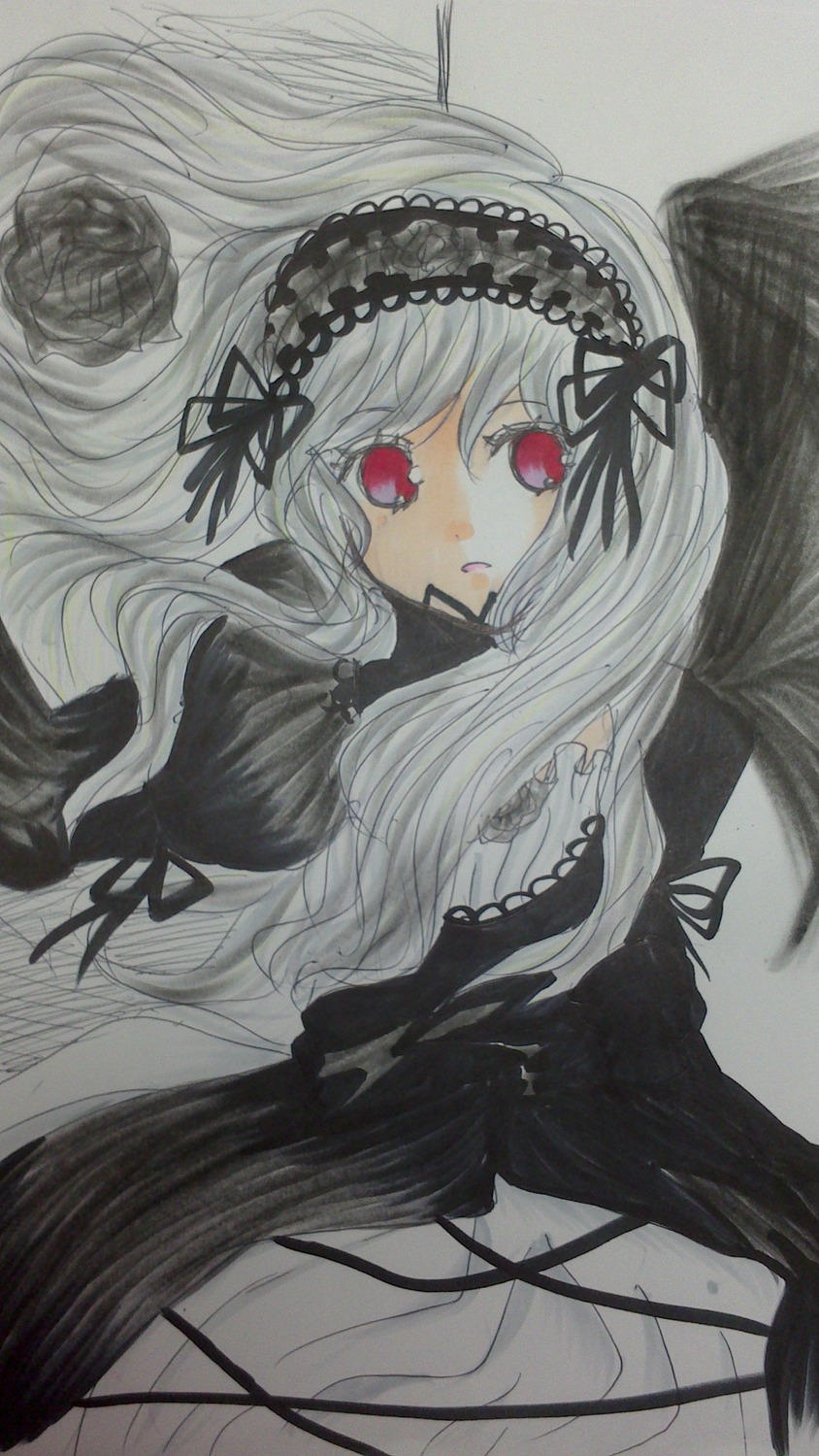 1girl black_ribbon black_wings dress flower frills hairband image long_hair long_sleeves looking_at_viewer red_eyes ribbon rose silver_hair solo suigintou traditional_media very_long_hair wings