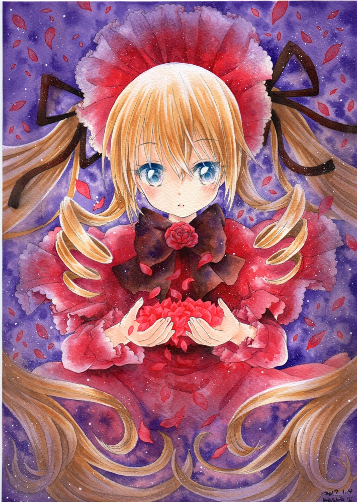 1girl artist_name black_ribbon blonde_hair blue_eyes blush bow dress drill_hair flower hair_ribbon holding image long_hair long_sleeves looking_at_viewer lying marker_(medium) petals red_capelet ribbon rose rose_petals shinku solo traditional_media twin_drills twintails very_long_hair watercolor_(medium)