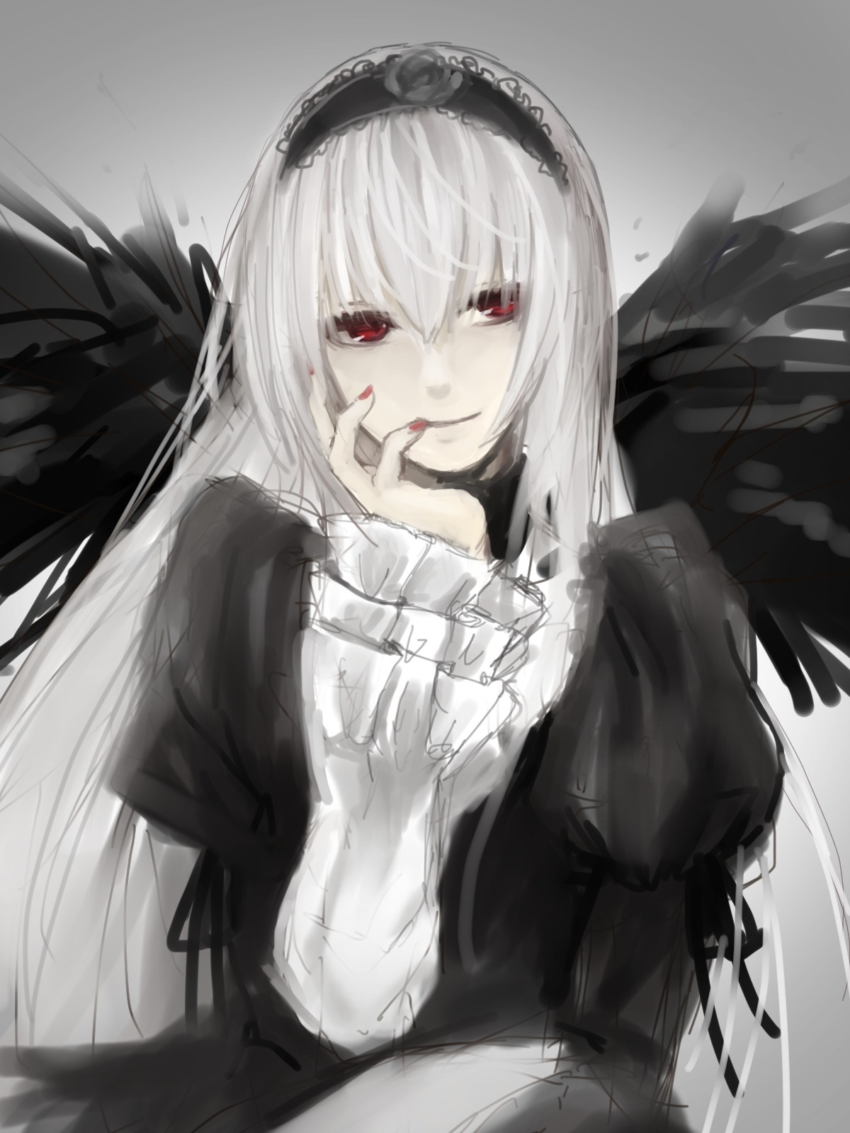 1girl bangs black_dress black_wings closed_mouth dress feathered_wings feathers frills hairband image juliet_sleeves long_hair long_sleeves looking_at_viewer puffy_sleeves red_eyes solo suigintou tongue tongue_out upper_body wings