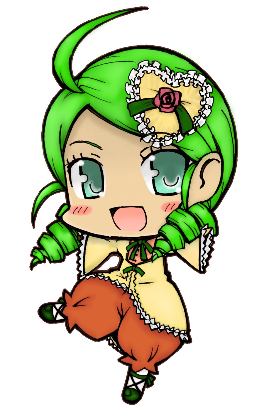 1girl :d ahoge blush chibi dress drill_hair flower full_body green_eyes green_hair image kanaria long_sleeves open_mouth rose simple_background smile solo standing twin_drills white_background yellow_dress