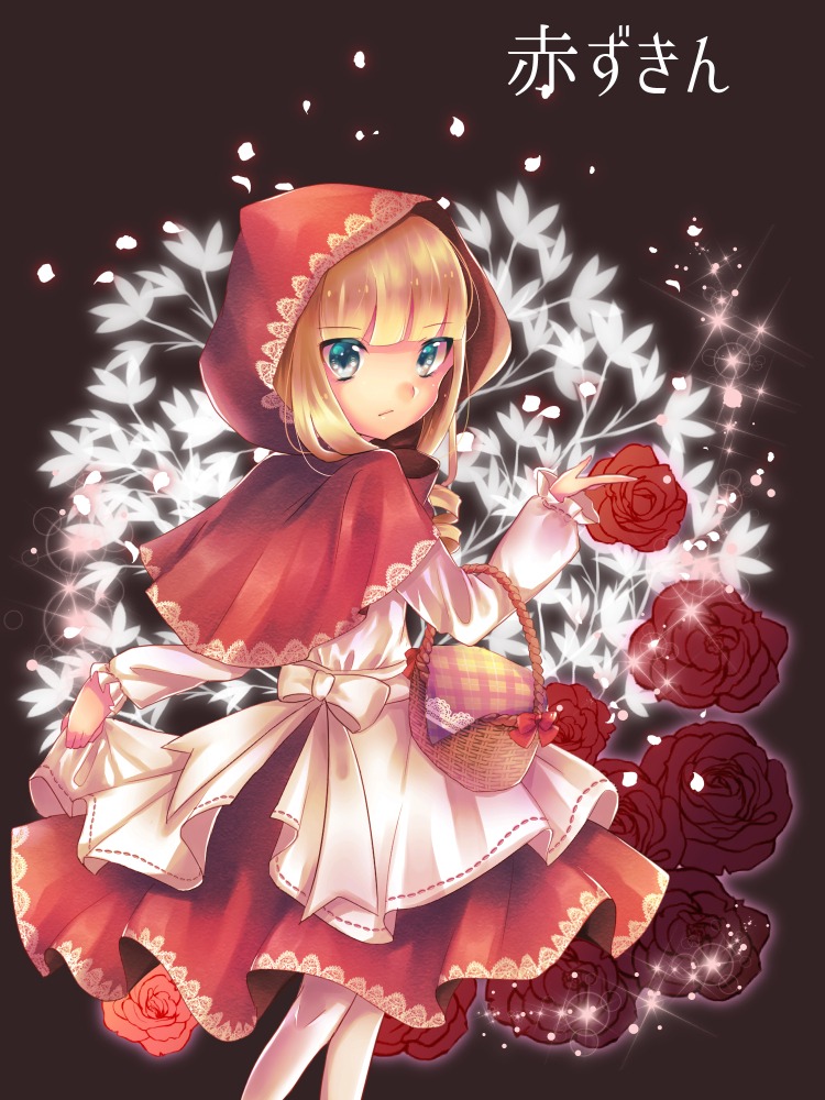 1girl apron bangs basket blonde_hair blue_eyes capelet dress flower hood image little_red_riding_hood_(grimm) looking_at_viewer looking_back petals pink_rose red_flower red_rose rose shinku skirt solo