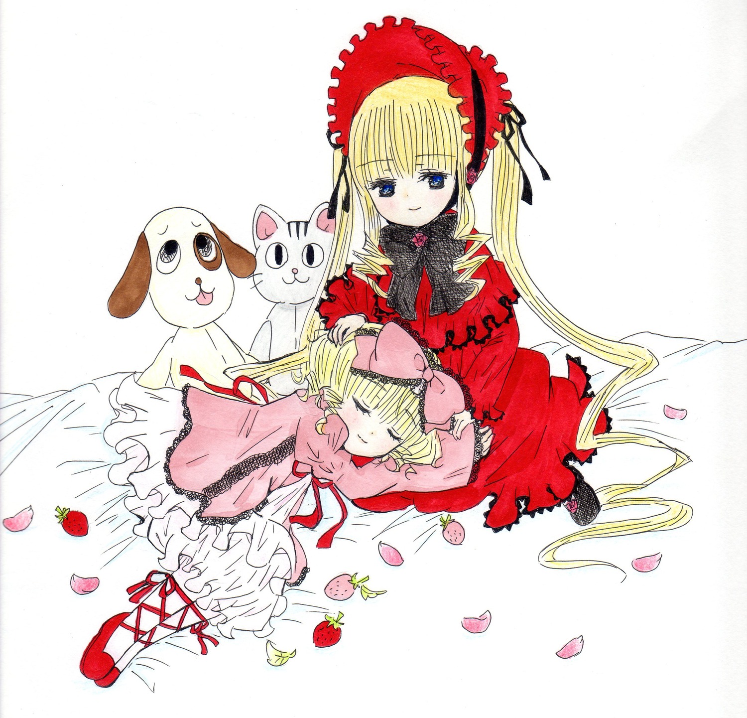 2girls blonde_hair blue_eyes bonnet bow closed_eyes dress drill_hair flower food fruit hina_ichigo hinaichigo image long_hair long_sleeves multiple_girls pair petals pink_bow red_dress rose shinku sleeping strawberry twintails